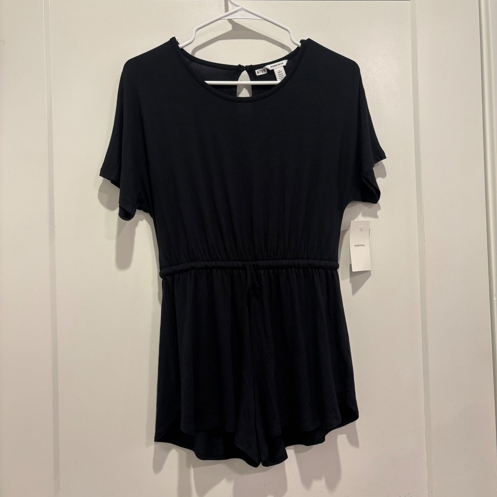 Nordstrom Women Black Short Sleeve Drawstring Romper GL448311BG Size L 10/12